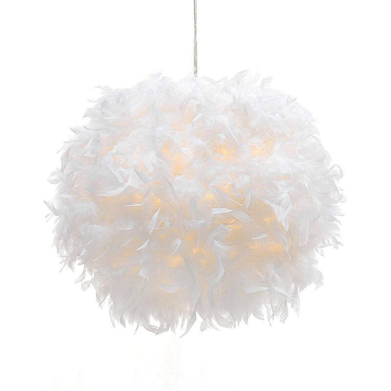 Feather Pendant Light Ø30cm White Ball Shape Hanging Ceiling Lamp Romantic Chandelier with Lampshade for Kitchen Island