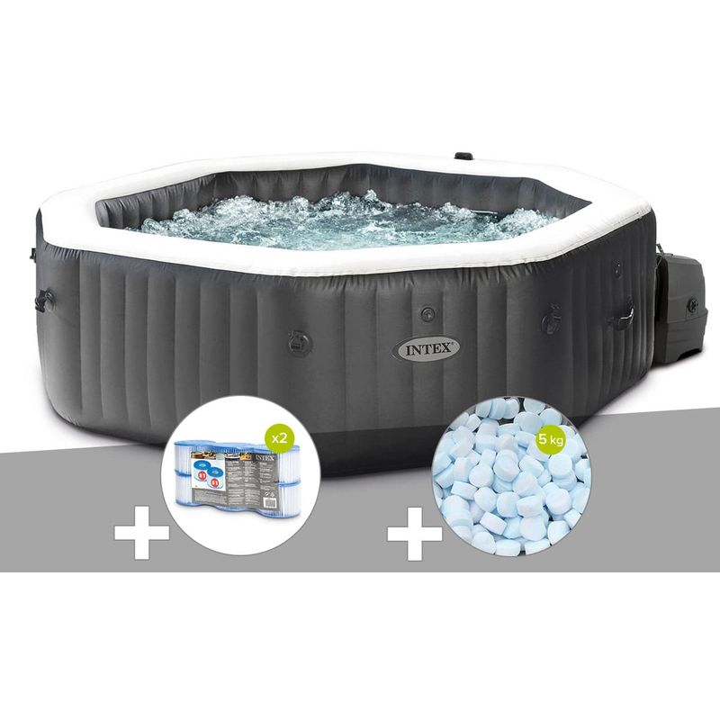 Kit spa gonflable Intex PureSpa Carbone octogonal Bulles et Jets 4 places + 12 filtres + 5 kg de sel