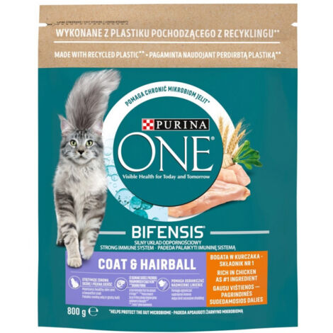 PURINA One Bifensis Manteau & Hairball Chicken - nourriture sèche pour chats - 800 g