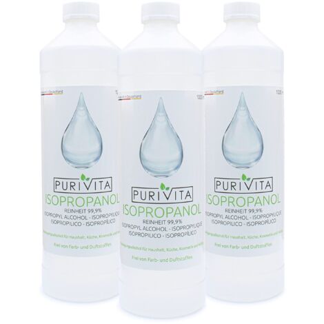 PURIVITA® Alcool Isoproilico 99,9% [3x1L] - Alcol Isopropanolo - Isopropyl Alcohol Disinfettante - Alcool Denaturato Etilico - Isopropanol Detergente per Casa, l'industria & l'elettronica
