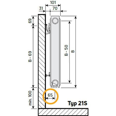 Purmo Profil Ventil Compact M Flex Flachheizkörper, Ventil, Mittenanschluss, Typ 21S, profil. Front