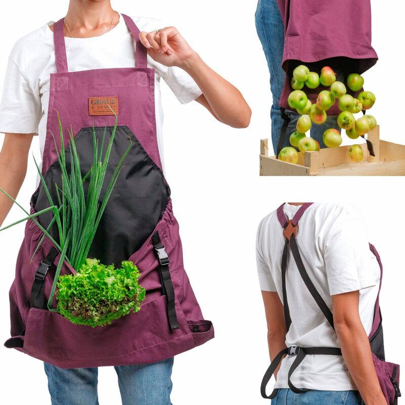 Purple) Harvest Apron, Canvas Fruit Picking Bag - Tablier de récolte ajustable et de grande capacité avec ouverture inférieure et doubles clips pour