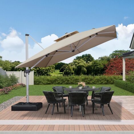 PURPLE LEAF 3.3 X 3.3 M Garden Cantilever Parasol, Large Square Overhanging Patio Umbrella with Crank Handle and Tilt, Beige