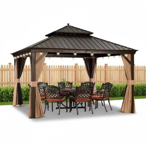 PURPLE LEAF 3.65 x 3.65 m Pergola de Jardin en Aluminium à Toit Rigide avec Guirlande LED, Tonnelle avec Moustiquaire et Rideaux, Pavillon Double Toit, Bronze