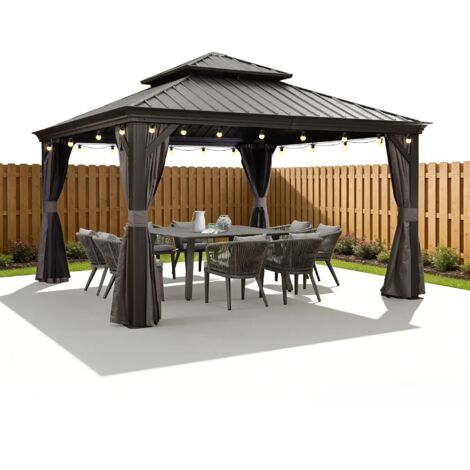 PURPLE LEAF 3,65 x 3,65 m tonnelle de jardin, pergola aluminium extérieure avec moustiquaire et rideaux, hardtop pavillon double toit en acier galvanisé avec guirlande LED, gris