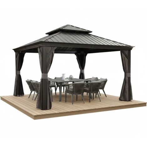 PURPLE LEAF 3,65 x 3,65 m tonnelle de jardin, pergola aluminium extérieure avec moustiquaire et rideaux, hardtop pavillon double toit en acier galvanisé, gris
