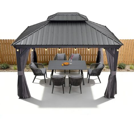 PURPLE LEAF 4 x 3 m tonnelle de jardin, pergola aluminium extérieure avec moustiquaire et rideaux, hardtop pavillon double toit en acier galvanisé avec guirlande LED, gris