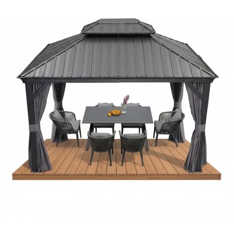 PURPLE LEAF 4 x 3 m tonnelle de jardin, pergola aluminium extérieure avec moustiquaire et rideaux, hardtop pavillon double toit en acier galvanisé, gris