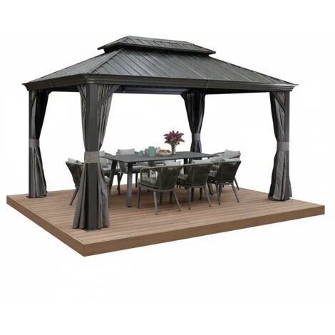 PURPLE LEAF 4,25 x 3 m tonnelle de jardin, pergola aluminium extérieure avec moustiquaire et rideaux, hardtop pavillon double toit en acier galvanisé, gris