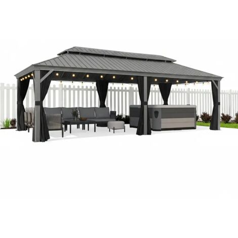 PURPLE LEAF 7,32 x 3,65 m tonnelle de jardin, pergola aluminium extérieure avec moustiquaire et rideaux, hardtop pavillon double toit en acier galvanisé avec guirlande LED, gris clair