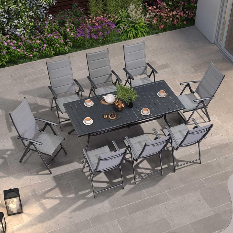 Purple Leaf - 9 Pieces Garden Table and Chairs, Garden Furniture Sets 8 Seaters, Outdoor Dining Set with 1 Rectangle Aluminum Table and 8 Foldable