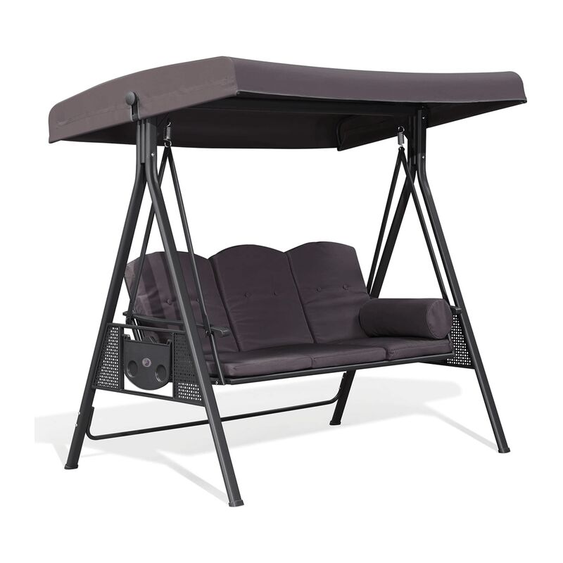 Balancelle de Jardin 3 Places Exterieur en Acier Balançoire Toit Inclinaison Réglable Balancelle Hollywood avec 2 Tablettes, Gris - Purple Leaf