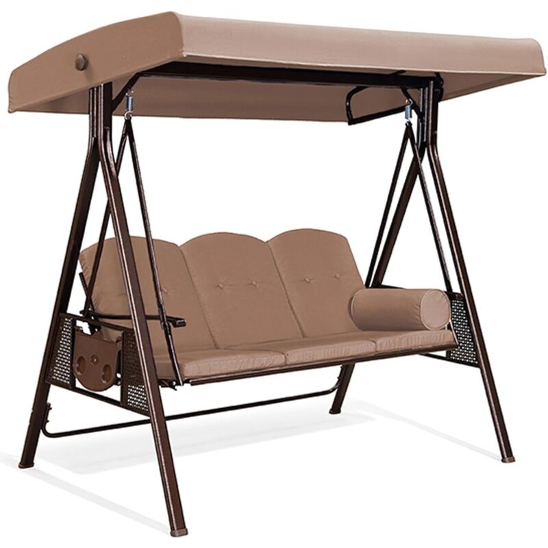 Balancelle de Jardin 3 Places Exterieur en Acier Balancelle Hollywood avec 2 Tablettes Balançoire Toit Inclinaison Réglable, Kaki marron - Purple Leaf