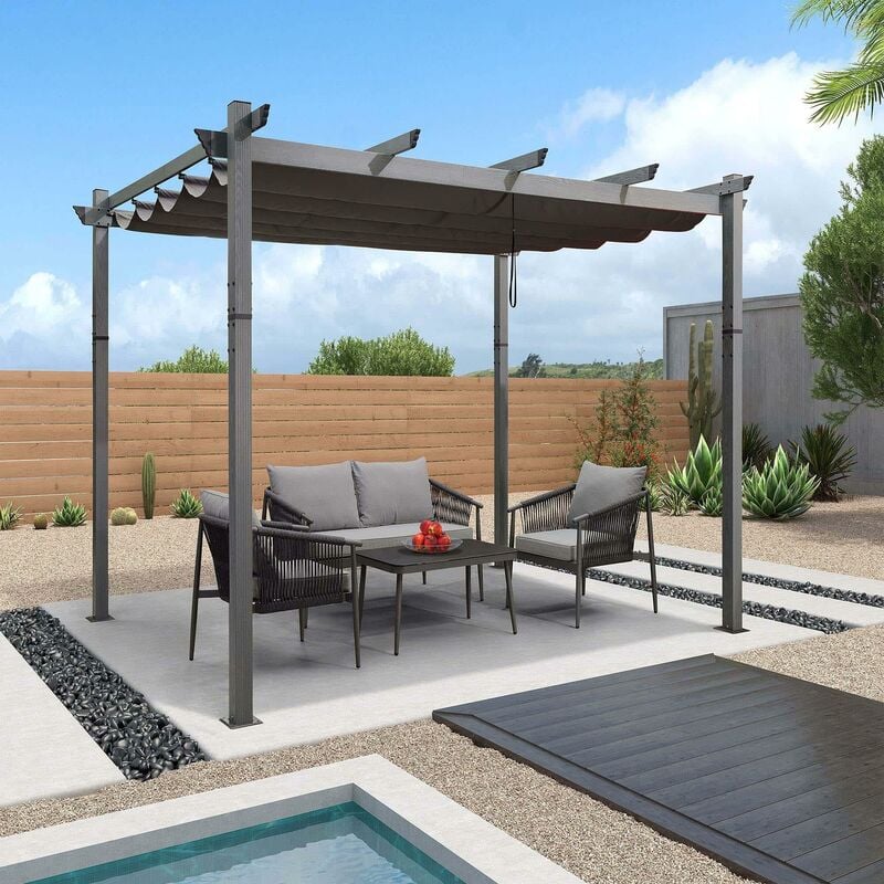 Purple Leaf - Grain De Bois Pergola Aluminium 3 x 3 m Extérieur, Abri Soleil Toile Teint en Fil, Gris, Pavillon De Jardin Rétractable pour Terrasse