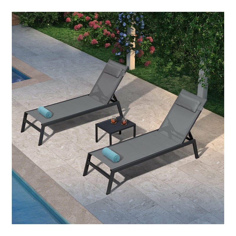 Purple Leaf - Lounge Chair Set for Outside Aluminum Patio Recliner with Side Table and Pillow Beach Sunbathing Tanning Chairs Pool Chaise Lounger