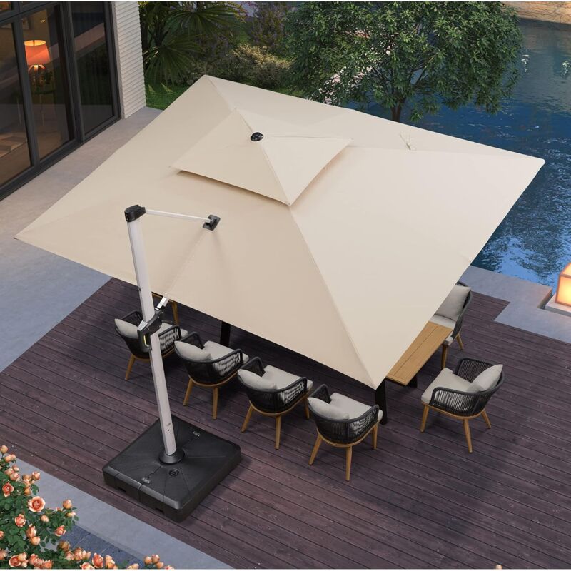 Parasol Déporté 4 x 3 m Rectangulaire, Parasol de Jardin Extérieur, Adapté pour Piscine, Jardin, Balcon et Terrasse, Kaki - Purple Leaf