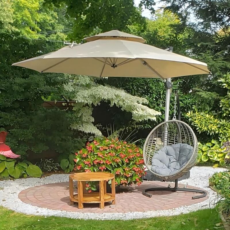 Parasol Déporté en Aluminium 3,65 m Rond, Parasol Luxueux à Double Toit pour Piscine, Adapté pour Jardin, Balcon et Terrasse, Beige - Purple Leaf