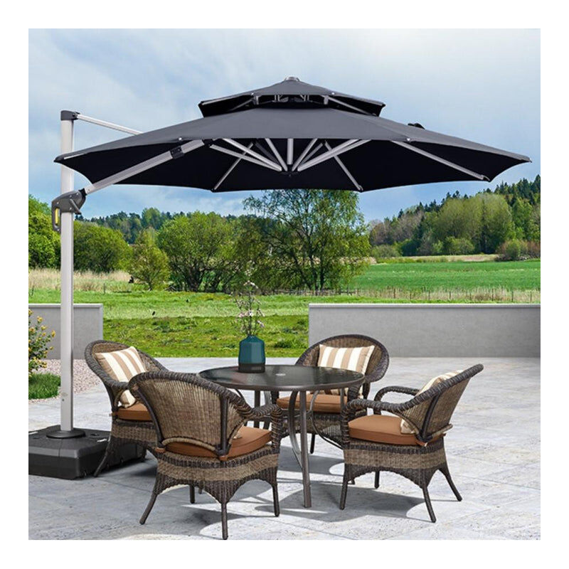 Parasol Déporté en Aluminium 3,65 m Rond, Parasol Luxueux à Double Toit pour Piscine, Adapté pour Jardin, Balcon et Terrasse, Gris - Purple Leaf