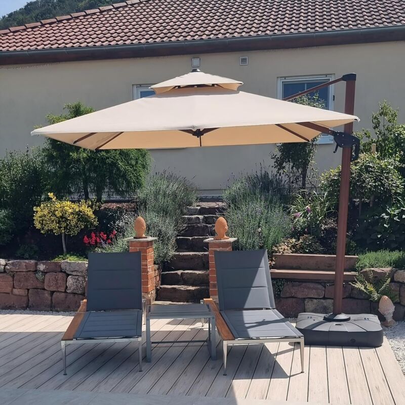 Purple Leaf - Parasol Déporté en Aluminium avec Apparence Bois, 2,7 × 2,7 m Carré, Adapté pour Piscine, Jardin, Balcon et Terrasse, Beige