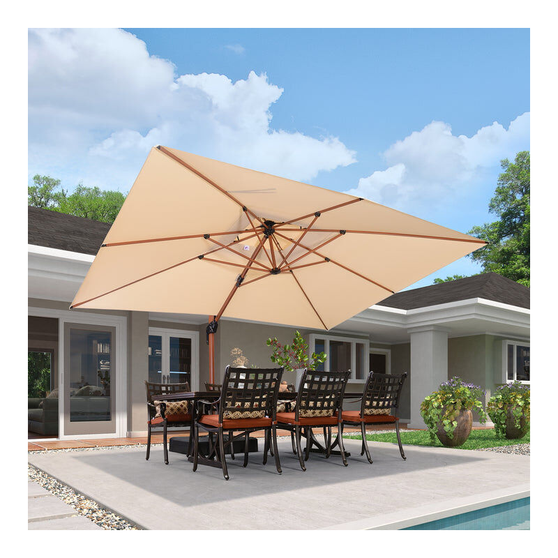 Parasol Déporté en Aluminium avec Apparence Bois, 3 × 4 m Rectangulaire, Adapté pour Piscine, Jardin, Balcon et Terrasse, Beige - Purple Leaf