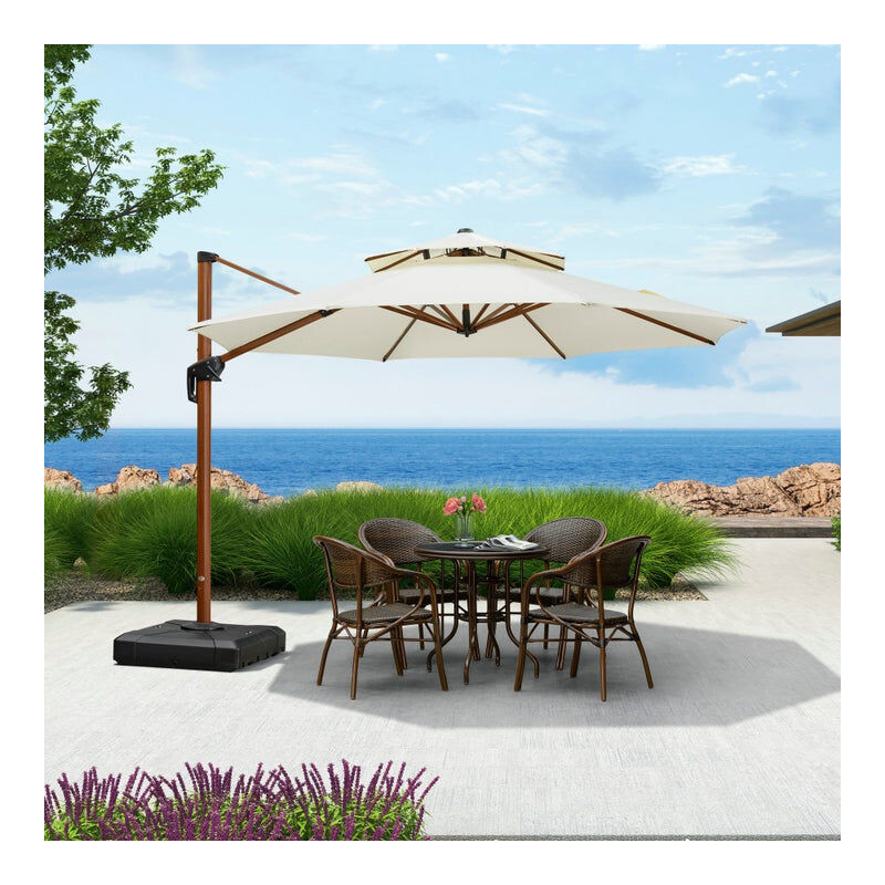 Purple Leaf - Parasol Déporté en Aluminium avec Apparence Bois, 3,3 m Rond, Adapté pour Piscine, Jardin, Balcon et Terrasse, Couleur Crème