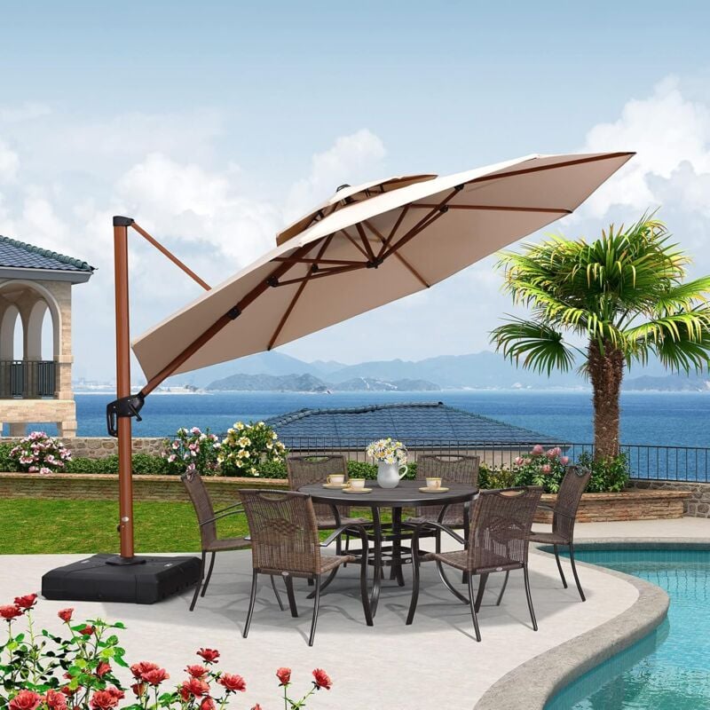 Purple Leaf - Parasol Déporté en Aluminium avec Apparence Bois, 3,3 m Rond, Adapté pour Piscine, Jardin, Balcon et Terrasse, Beige