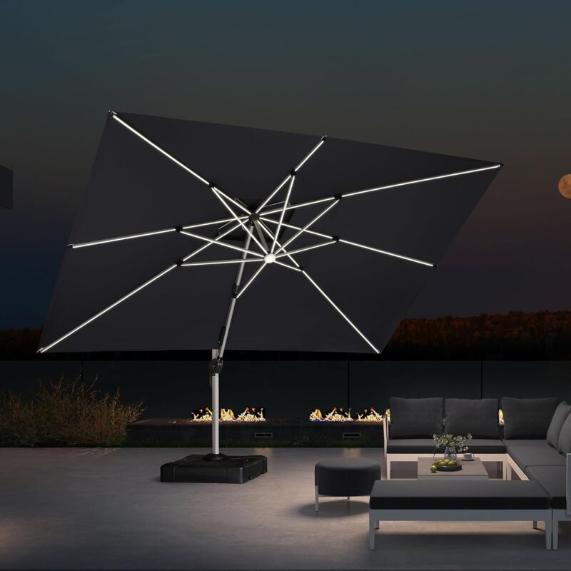 Purple Leaf - Parasol Déporté Extérieur 3 × 4 m Rectangulaire avec led, Parasol de Jardin Luxe, Adapté pour Piscine, Jardin, Balcon et Terrasse, Gris