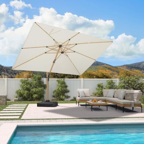 PURPLE LEAF Parasol Déporté Extérieur 3,65 x 2,7 M Rectangulaire avec Apparence Teck, Grand Parasol en Aluminium pour Terrasse, Adapté pour Jardin, Piscine, Couleur Crème