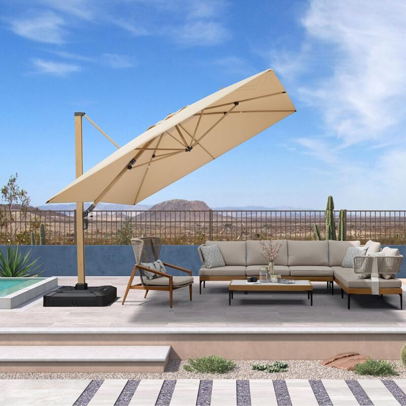 Purple Leaf - Parasol Déporté Extérieur 3,65 x 3,65 m Carré avec Apparence Teck, Grand Parasol en Aluminium pour Terrasse, Adapté pour Jardin,