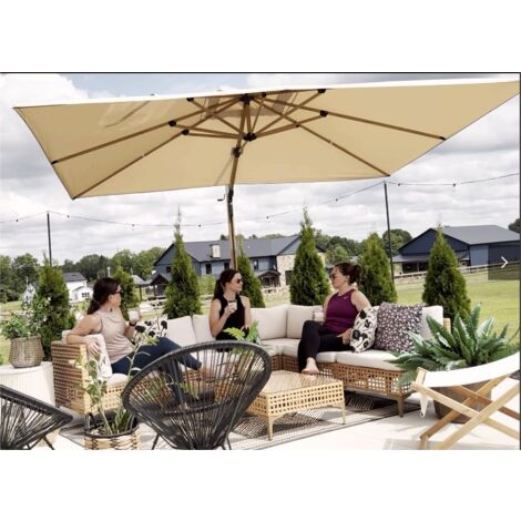 PURPLE LEAF Parasol Déporté Extérieur 4 x 3 M Rectangulaire avec Apparence Teck, Grand Parasol en Aluminium pour Terrasse, Adapté pour Jardin, Piscine, Beige