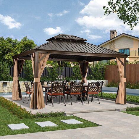 PURPLE LEAF Pavillon 3.65 x 4.25 m Wasserdicht Stabil Winterfest Gartenpavillon mit Stahldach Hardtop Pavillon mit Seitenteile, Bronze