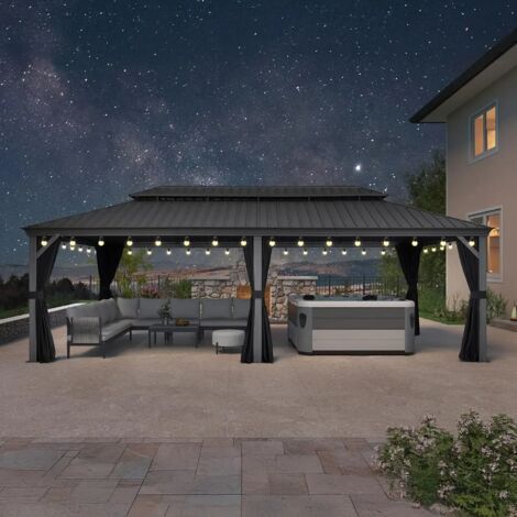 Purple Leaf Pergola de Jardin Aluminium Hardtop Gazebo avec LED – Tonnelle Extérieure avec Rideaux et Moustiquaires, Pavillon à Double Toit en Acier Galvanisé – 7,32 × 3,65 m – Gris Clair