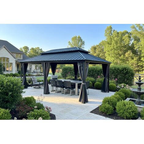 PURPLE LEAF Pergola de Jardin Extérieur Économique, Hardtop Tonnelle, Pavillon en Aluminium avec Toit Double en Acier Galvanisé, Gazebo avec Moustiquaire et Rideaux, 6 x 3.65 m, Gris