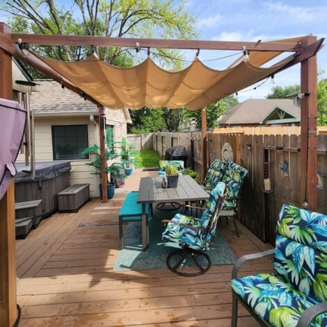 PURPLE LEAF Pergola Jardin Extérieure Rétractable en Aluminium, Cadre à Finition Imitation Bois, avec Double Auvent Pare-soleil, 4 x 3 m, Beige