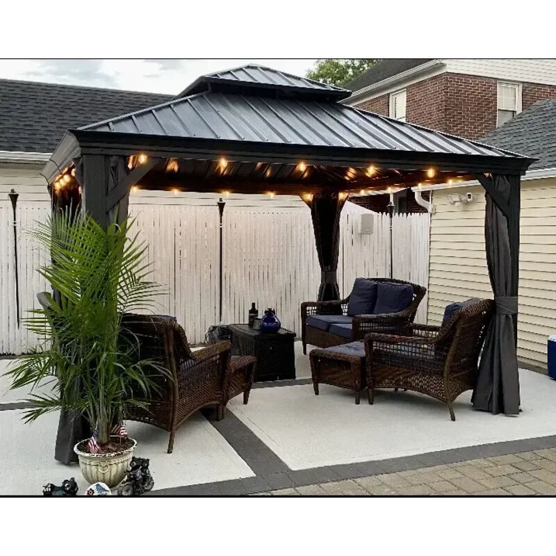 Purple Leaf Pergola Aluminium Hardtop avec LED, Rideaux et Moustiquaires – Tonnelle à Double Toit en Acier Galvanisé – Pavillon Extérieur 3,65 x 3 m