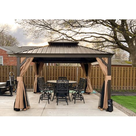 PURPLE LEAF Tonnelle de Jardin Extérieur Pergola Aluminium avec Moustiquaire et Rideaux Pavillon de Jardin à Double Toit Acier Galvanisé, 3.65 x 3.65 m, Bronze