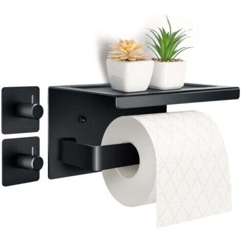 Purpledi Porte Rouleau Papier Toilettes en Aluminium (Perforé/Non perforé) Porte-Rouleau avec étagères Spacieuses Porte Rouleau Papier Toilette Noir Auto-adhésif avec Tablette