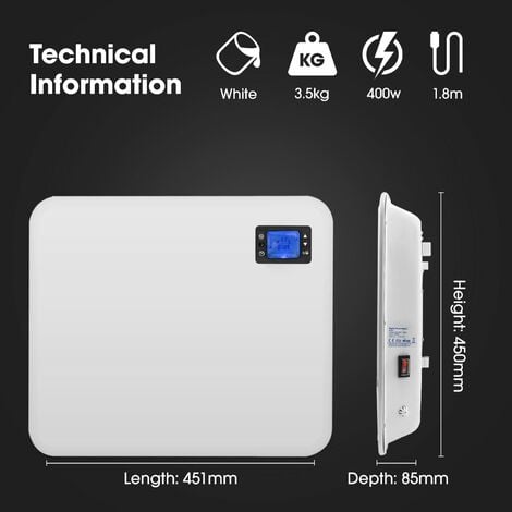 Purus Panel Heater Intelligent 24 Hour 7 Day Timer Bathroom Safe 400W - 2000W, Lot 20 Flat Wall Mounted Low Energy Electric Heater for home Slimline Electric Radiator Low Energy Efficient Convector Heater Digital thermostat (400W)