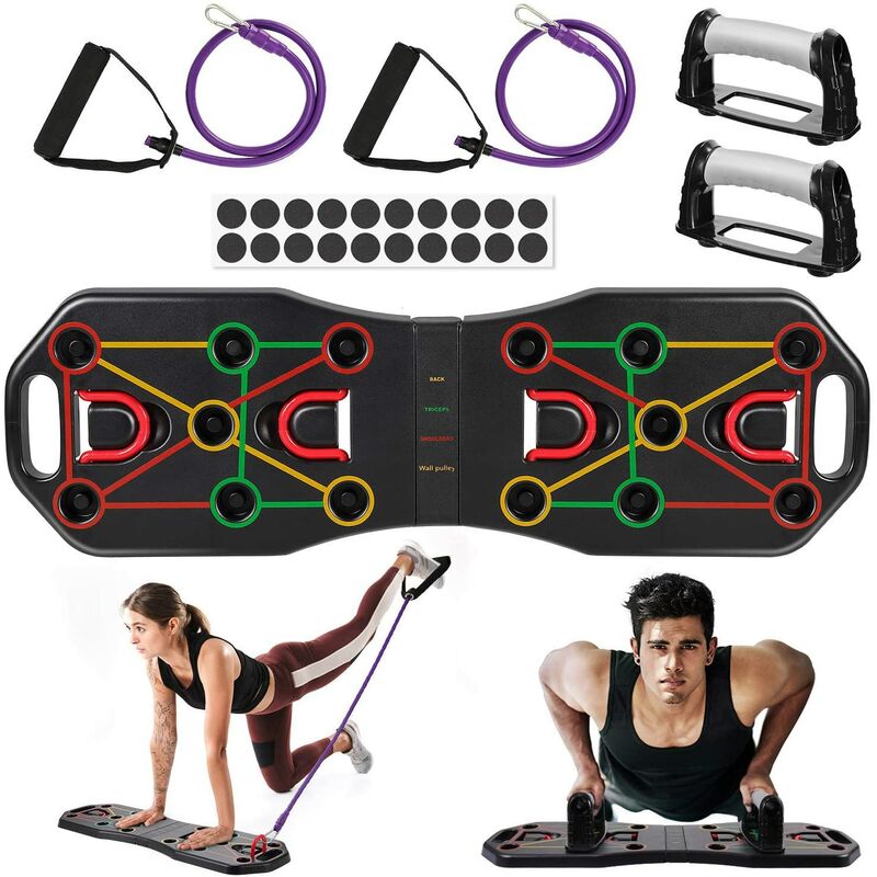 

Push Up Bodybuilding, 9 en 1, tablero de empuje multifuncional plegable con bandas de resistencia, tablero de bombeo para entrenamiento en casa y