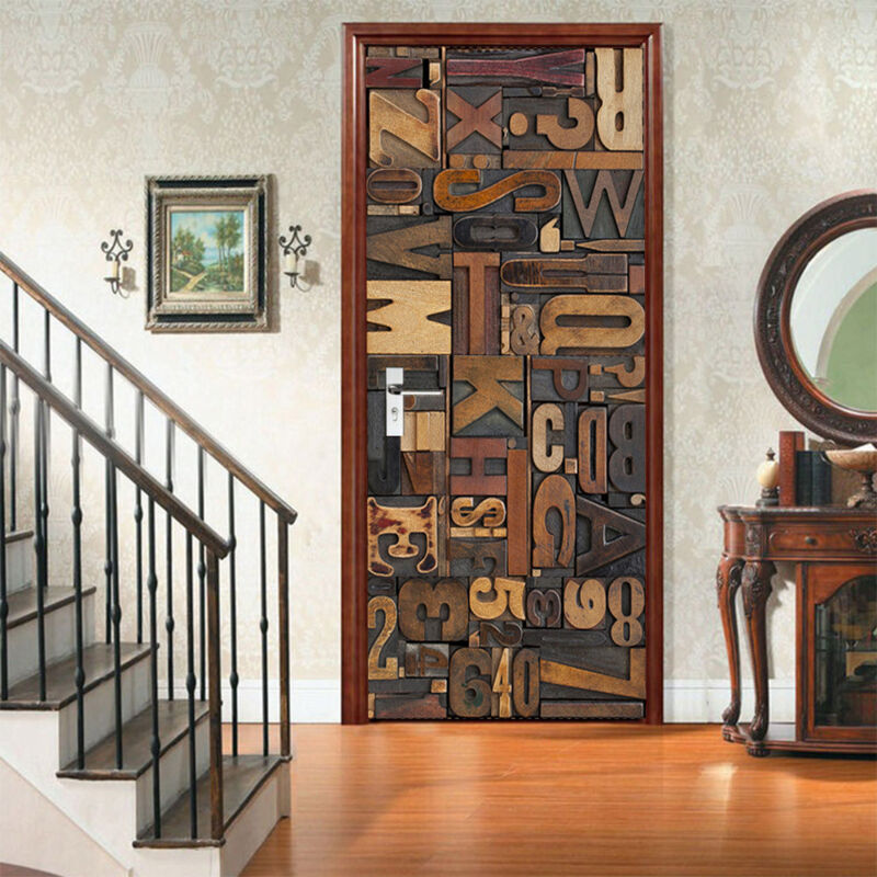 Shining House - pvc auto-adhésif porte autocollant Simulation 3D rétro bloc de construction lettres papier peint Mural salon chambre maison Design