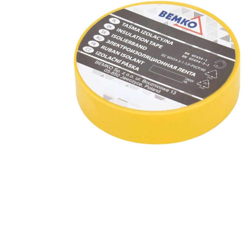 PVC Cinta aislante Amarillo - 15mm x 10m - Espesor 0.13mm - Adhesivo eléctrico