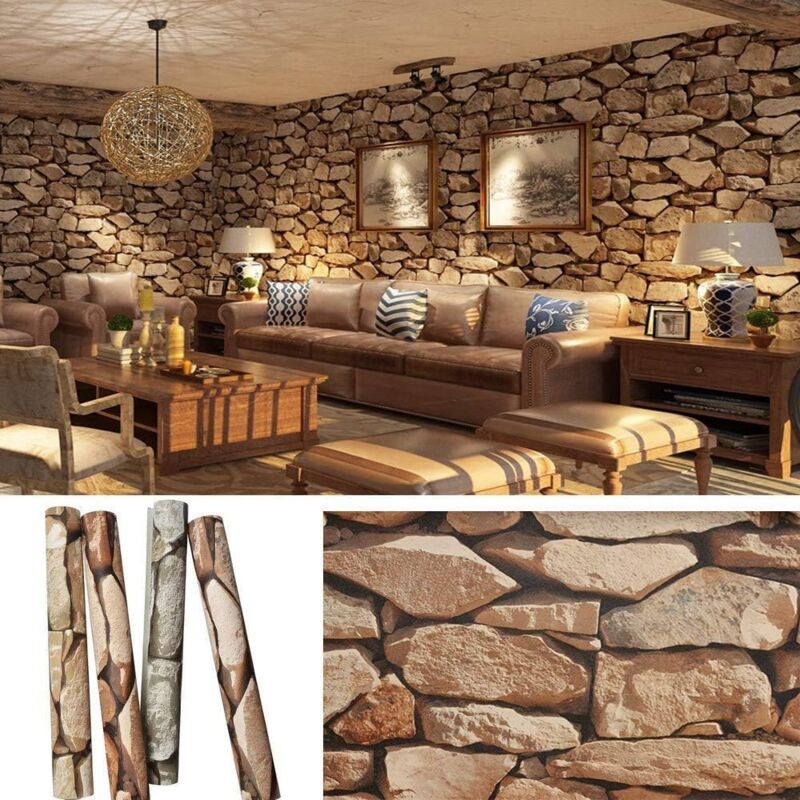 Aougo - pvc Retro3D Stone Wallpaper Retro Fashion Vintage Nostalgic Wallpaper 53cm(L)9.5m(W) 3D Wallpaper Restaurant Wall Painting Large Personality