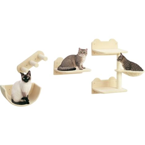 PwaHut Kletterwand Katzen 4-teilig Katzen Kletterwand Set mit Kaztentreppe, Katzenbrücke, Hängematte, Kratzbaum mit Sprungplatt, Wandkratzbaum, Wand Katzenmöbel bis zu 5 kg, Beige