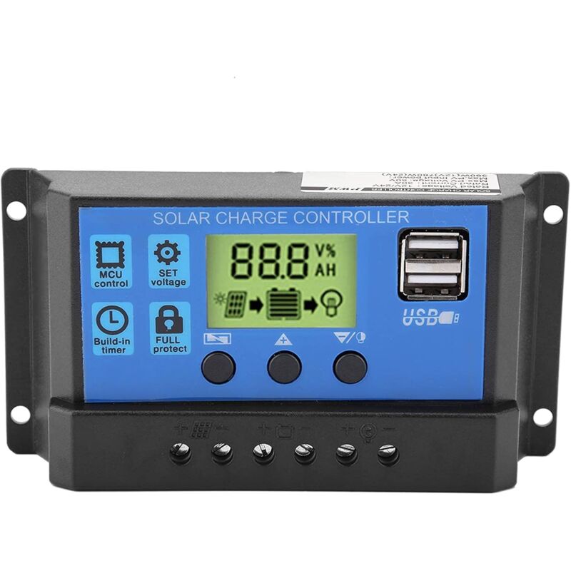 PWM 30A 12V 24V Régulateur de Charge à Double Panneau Solaire avec 5V Double Port USB, 10/20/30A Intelligent Contrôleur de Charge Solaire de LCD