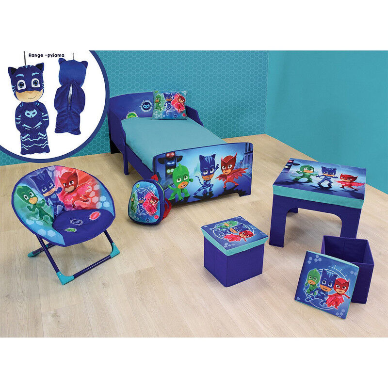 Chambre enfant complète 6 en 1 Pyjamasques = lit + coussin + sac à dos + table + 2 tabourets + siège lune + peluche range pyjama - coussin - Bleu