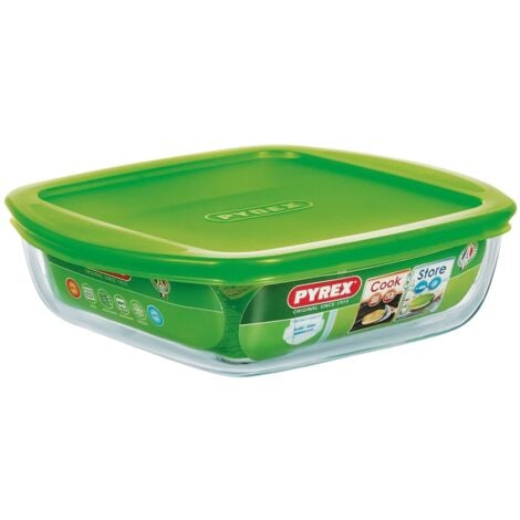 Pyrex - Recipiente quadrato per conservare gli alimenti, con coperchio, in vetro, 20 x 17 x 5,5 cm, Vetro Boro, 1L