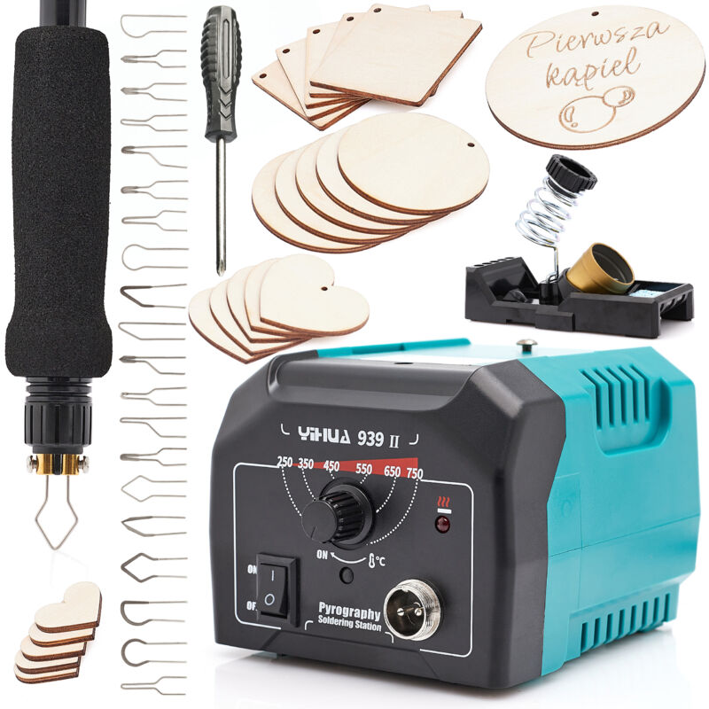 Pyrographe / Yihua 939-II Brûleur à bois 25W + Ensemble de contreplaqué pyrographe 20 pièces 4 en 1