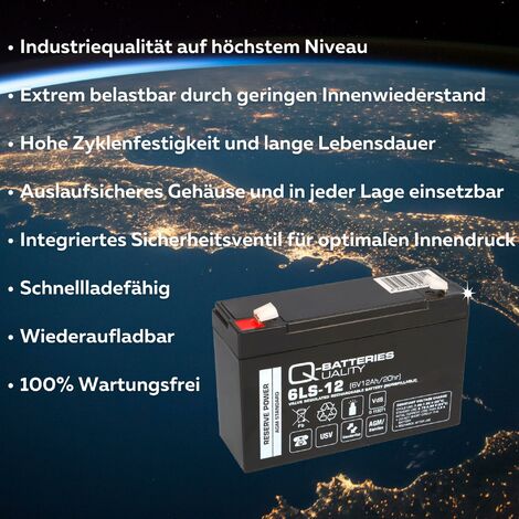 Q-Batteries 6LS-12 6V 12Ah Blei-Vlies Akku / AGM VRLA mit VdS