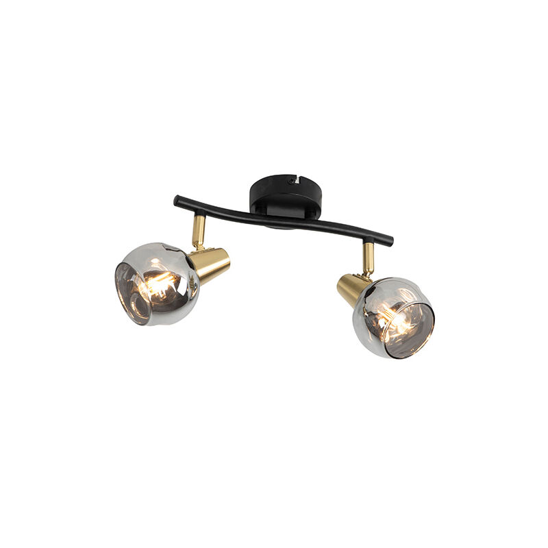 

QAZQA Art Déco Plafón Art Déco negro/oro cristal ahumado 2-luces - VIDRO Vidrio /Acero Redonda /Alargada Adecuado para LED Max. 2 x 25 Watt