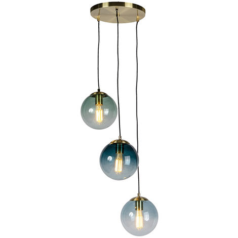 QAZQA + Art Déco Lámpara colgante Art Deco latón vidrio azul 3-luces- PALLON /Acero Esfera /Alargada Adecuado para LED Max. 3 x 25 Watt